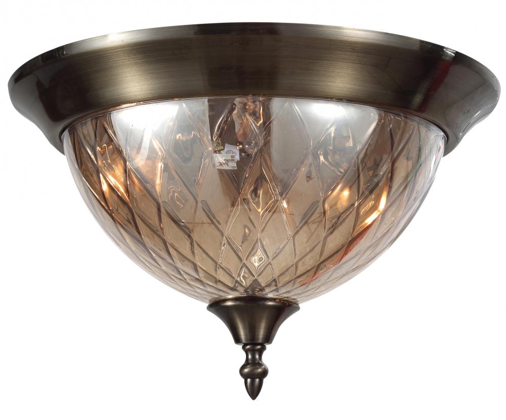 Three Light Antique Brass Cognac Glass Bowl Flush Mount